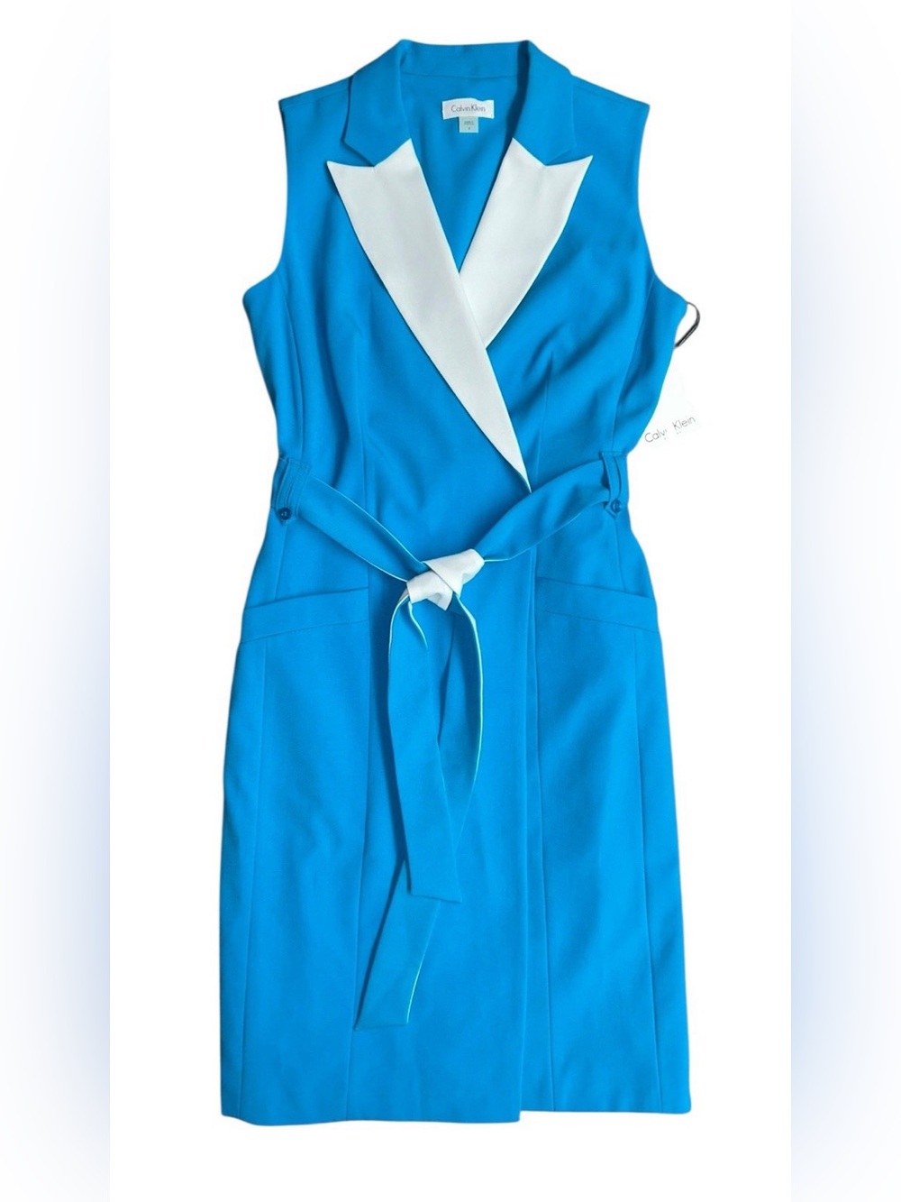 Calvin Klein Womenโs Size 4 Belted Faux Wrap Colorblock Dress NWT